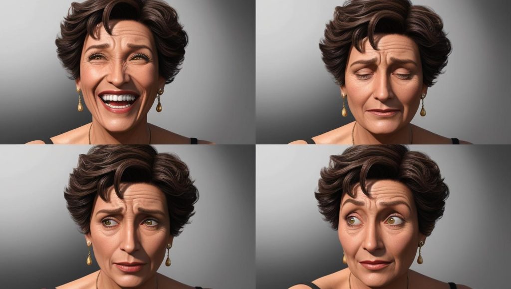 Diverse espressioni di stati d'animo sul volto di una donna