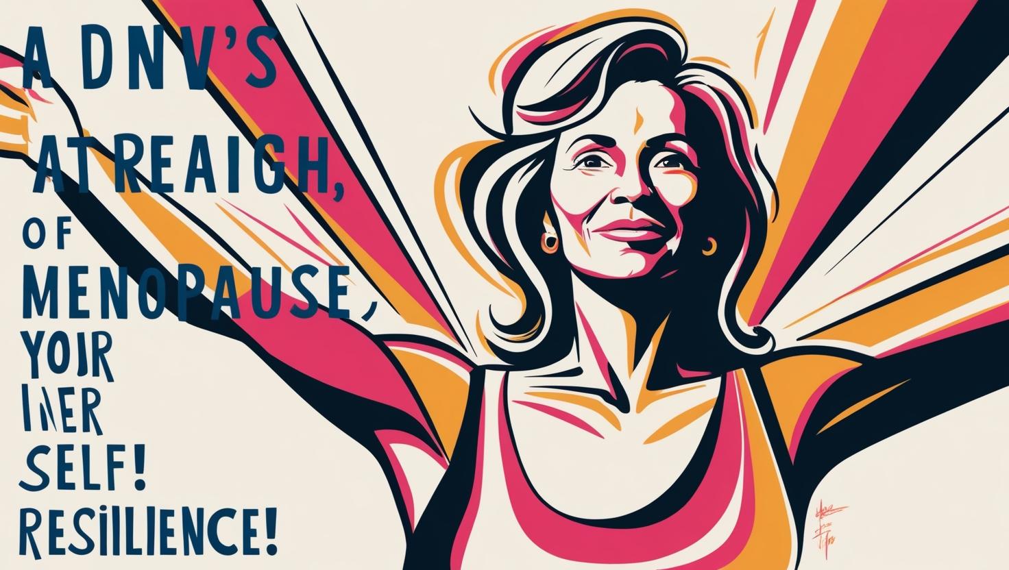 Disegno tipo fumetto di donna tipo Wonder Woman con le parole menopausa, resilienza sullo sfondo