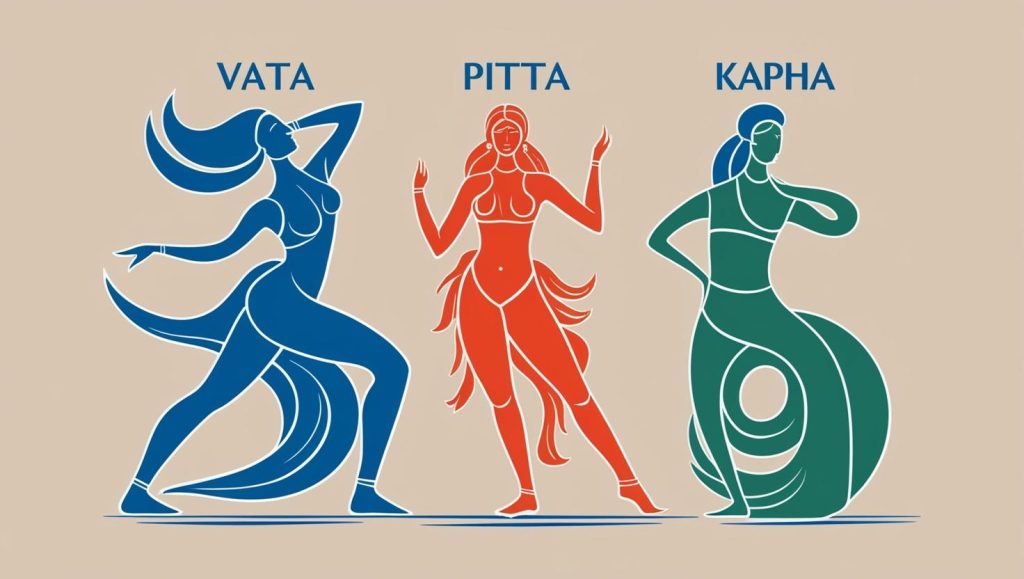 I tre tipi dell'ayurveda rappresentati da tre figure femminili stilizzate