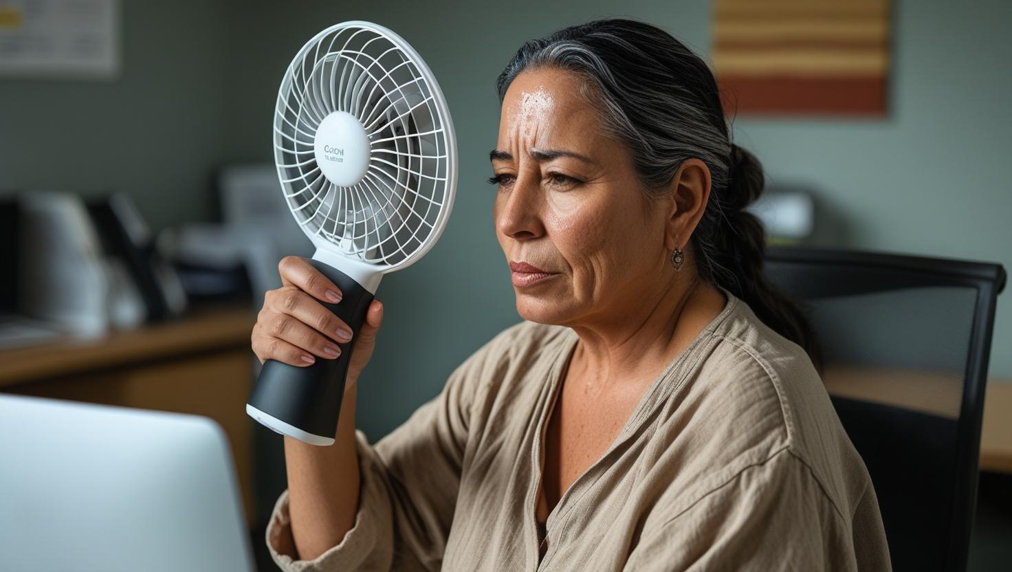 Donna al lavoro in ufficio con sintomi da menopausa