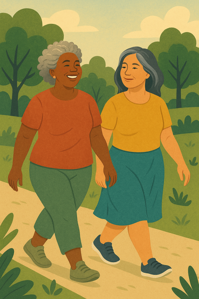 Due donne che camminano fianco a fianco nel verde con espressione serena. immagine generata da AI
